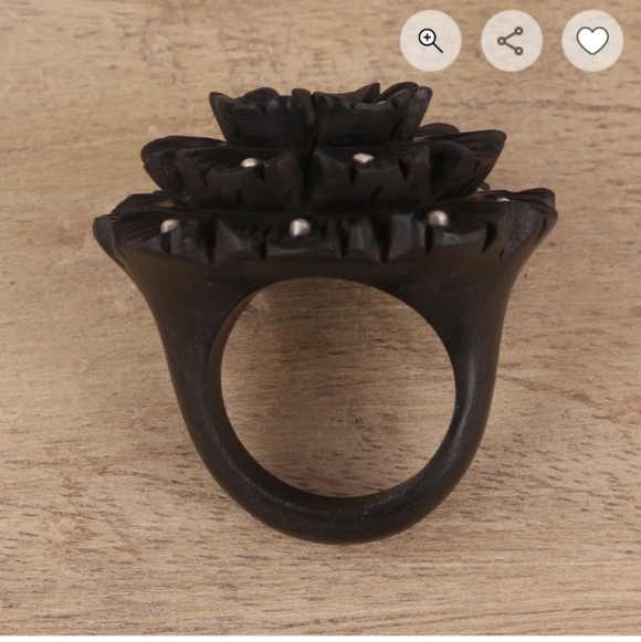Hand Carved Ebony & Sterling Silver Floral Ring - Picture 2 of 4